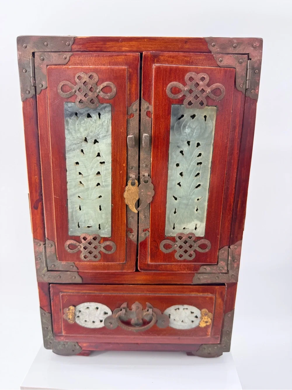 Antique-Style Red Wood Jewelry Cabinet with Jade Inlay - Unbranded